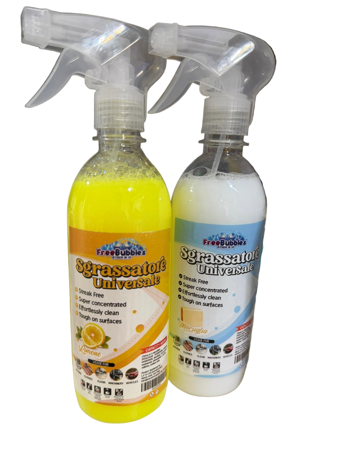 Two spray bottles labeled 'Scrassatore Universale' on a surface with a blurred background.
